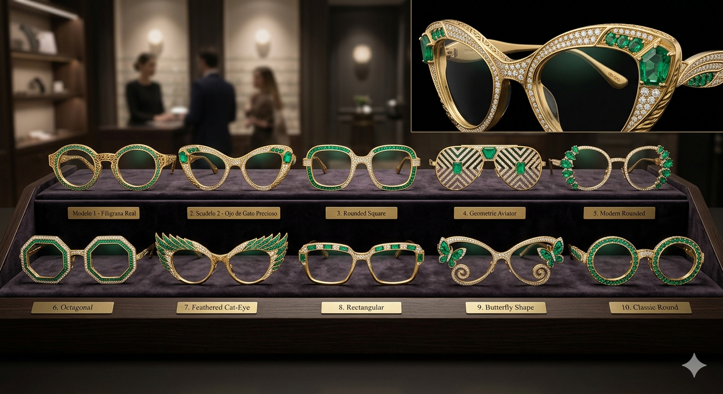 Lentes Gafas Doradas Esmeraldas Diamantes